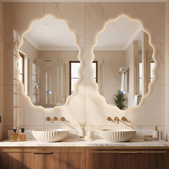 Oval Wavy Led Bathroom Mirror- Vanity Mirror with Lights IP54 Enhanced Anti-Fog,Single Piece 24"x36" 3 Colors Dimmable, Memory,Tempered Glass,UL Listed