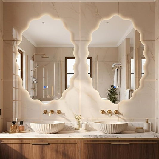 Oval Wavy Led Bathroom Mirror- Vanity Mirror with Lights IP54 Enhanced Anti-Fog,Single Piece 22"x30" 3 Colors Dimmable, Memory,Tempered Glass,UL Listed