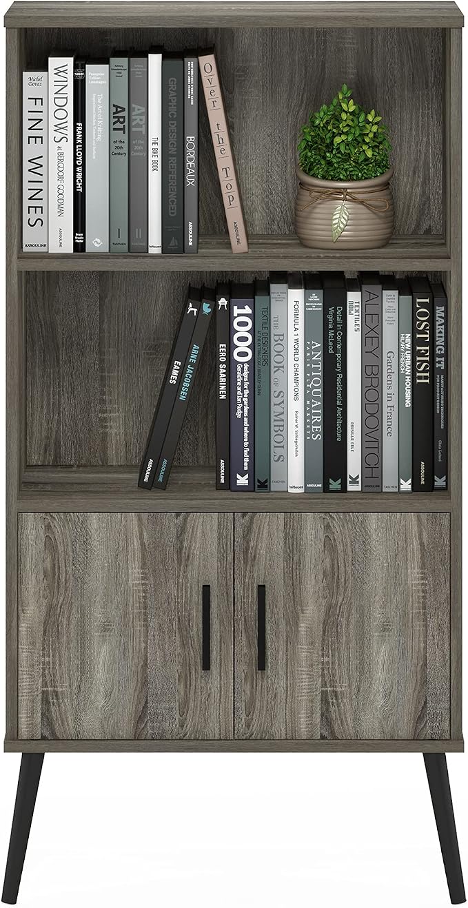 Furinno MIDCENTURY Storage Shelves, Mid-Century Style Accent Storage Cabinet with Doors and Shelves, Bookshelf with Legs, for Living Room, Home Office, Grey Oak