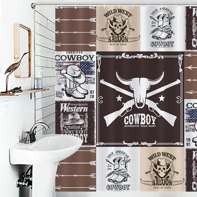 Vintage Cowboy Western Country Shower Curtain,Bull Head Boots Arrow Patchwork Design Waterproof Shower Curtains for Bathroom Decor 12 Pack Hooks 66x72in（168x183cm）