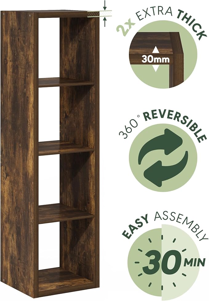 Furinno Cubicle Book Shelf, Vertical 4-Cube Bookshelf, Extra Thick Horizontally & Vertically Reversible Bookcase with Open Back, 14.6" x 16" x 58", for Living Room, Bedroom, Home Office, Amber Pine
