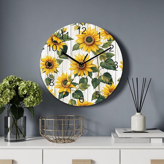 Sunflower Wall Clock Battery Operated Non-Ticking 12" Round Wood Clocks, Vintage Style Yellow Floral Grey Wood Grain Kitchen Wall Clock for School Bathroom Living Room Home Office Wall Decor