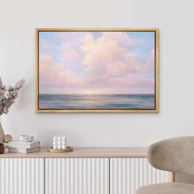 MUDECOR Framed Canvas Print Wall Art Serene Ocean Horizon with Soft Pink Clouds Illustrations Minimalism Decorative Bohemian Zen for Living Room, Bedroom, Office - 24"x36" NATURAL