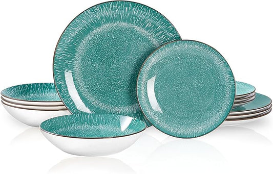 Bestone 12-Piece Round Porcelain Dinnerware Set, Service for 4, Chip Resistant Plates and Bowls,Green, Dishwasher & Microwave Safe for Home Daily Use