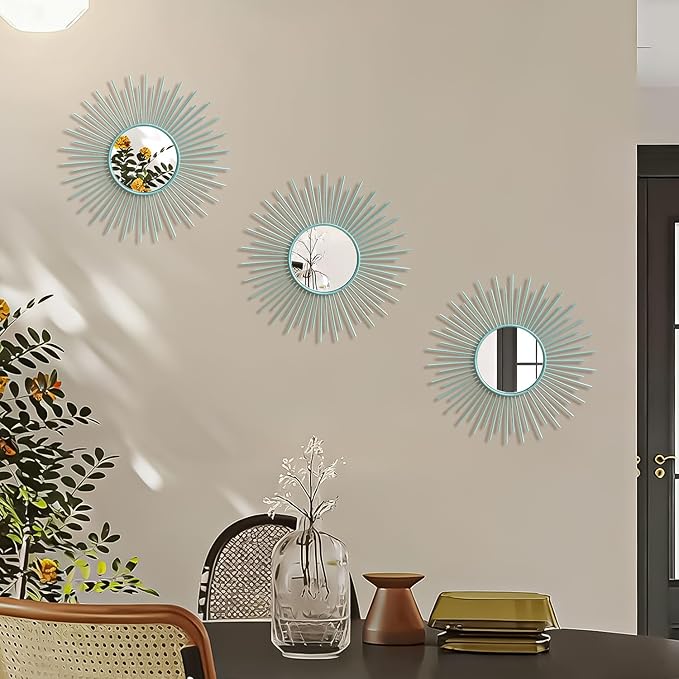 3 Pack Metal Mirrors for Wall Sunburst Wall Mirrors Home Décor Decorative Hanging Wall Art for Living Room Bedroom Entryway (Blue, Sunburst)