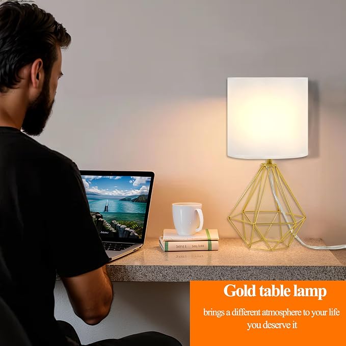 Gold Modern Small Table Lamp for Bedroom & Living Room - Geometric Metal Base, White Fabric Shade, Ideal for Bedside & Kids' Desk, Nightstand Lamp