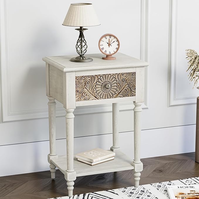 HOMPUS Fully Assembled Farmhouse Nightstand with Drawer and Shelf, Vintage Nightstand with Flower Pattern, Wood End Table, Small Bedside Table Night Stand for Living Room, Bedroom, Distress White