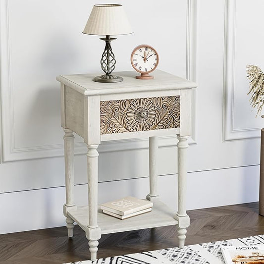 HOMPUS Fully Assembled Farmhouse Nightstand with Drawer and Shelf, Vintage Nightstand with Flower Pattern, Wood End Table, Small Bedside Table Night Stand for Living Room, Bedroom, Distress White