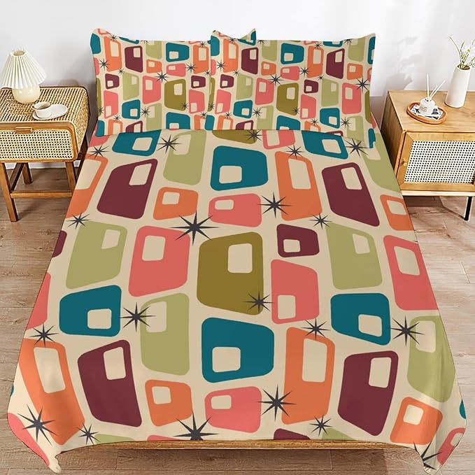 Modern Mid Century Duvet Cover Queen Retro Atomic Bedding Set, Rainbow Grid Comforter Cover Vintage Fifties 1950s Bed Set，Abstract Art Bedding 3 Piece (1 Duvet Cover 90"x90" + 2 Pillow Sham 20"x30")