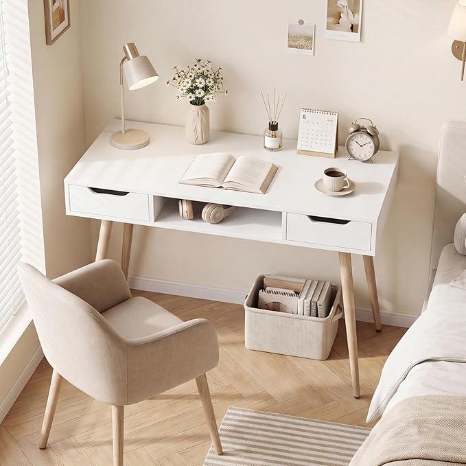 Giantex White Computer Desk with Drawers, 42.5" Minimalist Mid Century Modern Vanity Writing Desk with Open Storage Cubby & Metal Leg, Compact Wooden Study Table for Small Spaces Home Office (White)