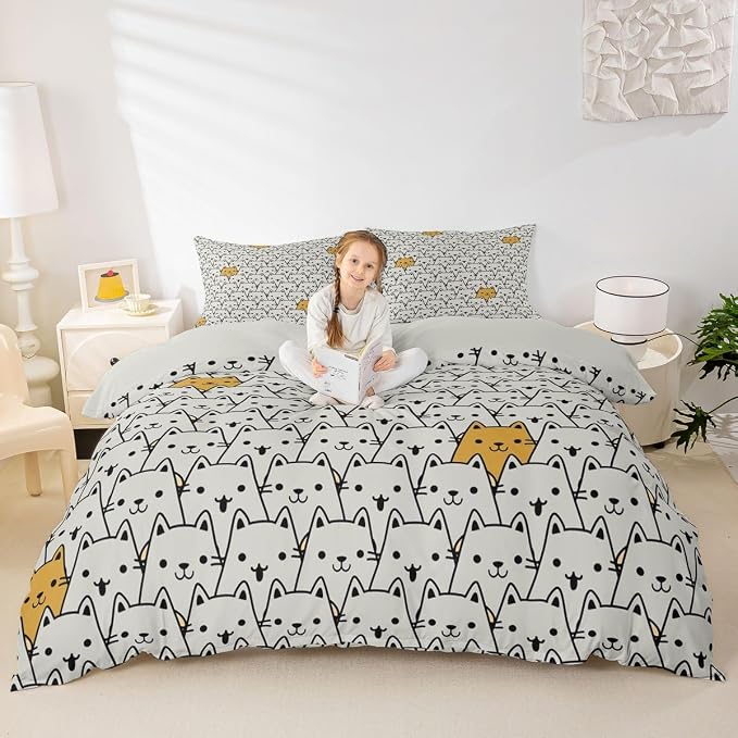 Erosebridal Abstract Cats Comforter Cover Twin Cute Pet Kitten Animals Bedding Set Trendy Minimalist Cat Duvet Cover for Kids Girls Boys Adults Gray Yellow Color Block Bed Set