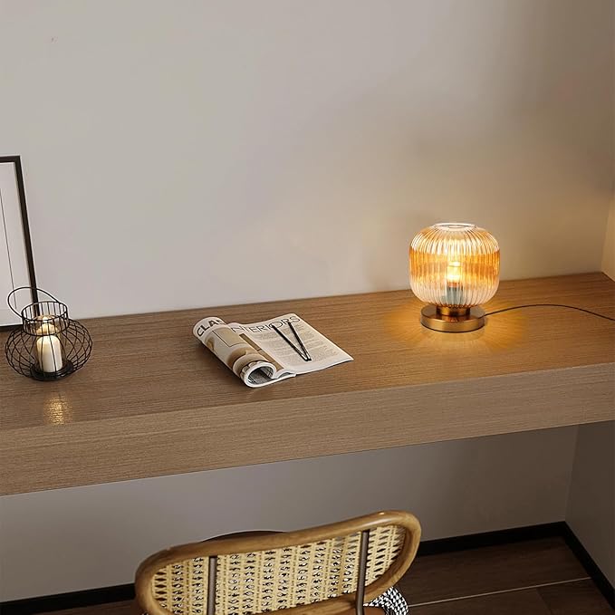 Modern Table Lamps Gold Table lamp Amber Ribbed Glass Shade Desk lamp Bedside Table lamp nightstand lamp Small Table lamp for Bedroom Living Room Office end Table Side
