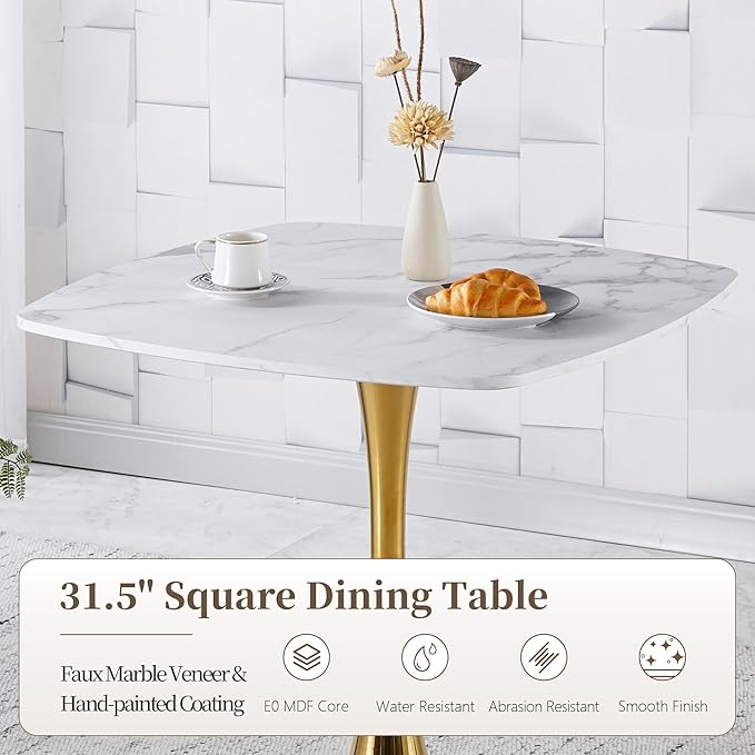 Square Dining Table,31.5" Tulip Table with Metal Pedestal,15-Minute Quick Assembly,Mid Century Modern Leisure Table for Kitchen Small Places Cafe (Faux Marble White Gold)