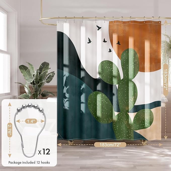 AmazerBath Boho Shower Curtain, 72x72 Washable Cloth Sage Cactus Shower Curtains for Bathroom, Fabric Rustic Neutral Shower Curtain Set with Hooks, Abstratic Modern Camper RV Dorm Stall Shower Curtain