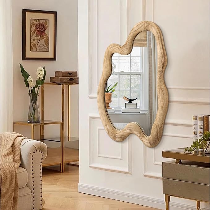 AAZZKANG Asymmetrical Wooden Wall Mirror, Rustic Irregular Wall Mount Mirror 28"x20" Vanity Mirror for Bathroom, Bedroom, Living Room, Hallway