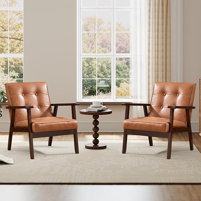 IOMOR Accent Chair Mid Century Modern Chair for Living Room, Comfy Faux Leather Armchair with Solid Wood Frame Soft Thick Padded, Side Chairs Easy Assembly Set of 2, Brown