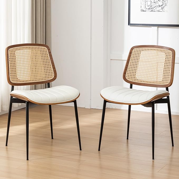 Rattan Dining Chairs Set of 4,Mid Century White PU Leather Kitchen Chairs,Upholstered Seat Metal Legs Chairs with Adjustable Foot Pads,Walnut Armless Side Chairs