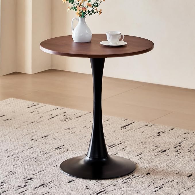 23.6" Round Dining Table for 2-4 Modern Circle Tulip Table with Metal Black Tulip Pedestal Base for Kitchen Dining Living Room Apartment Small Space Cafe, Brown