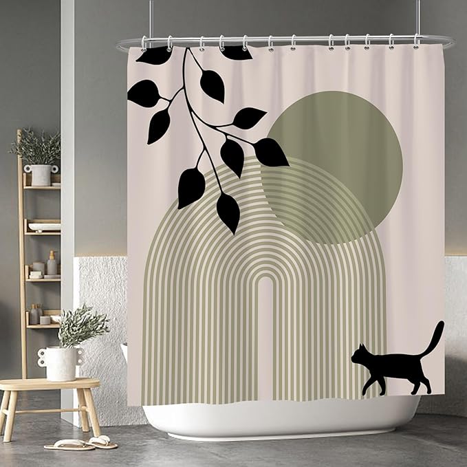 Baocicoo Minimalist Boho Shower Curtain Mid Century Silhouette Cat Botanical Shower Curtain for Bathroom Home Bathtub Living Room Decor Fabric Waterproof Curtain for Bathroom with Hooks 72x78 Inches