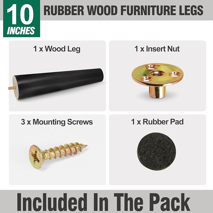 FoDau770 Black Rubber Wood Furniture Legs 10 Inches, 5/16" UNC Straight Tapered Wood Feet Mid Century Sofa Legs, Wooden Furniture Feet Replacement Parts for Cabinet Couch Dresser Chair Ottoman Table