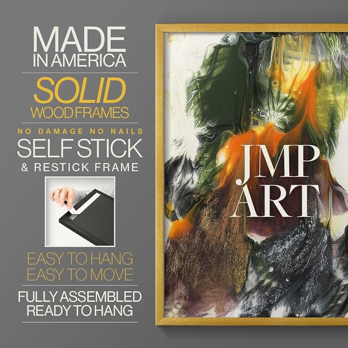 Renditions Gallery Set of 2 Peel & Stick Framed Prints, Watercolor Abstract Wall Art, Colorful Fluid Design Wall Decor, Re-Stickable - Ready to Hang - 16"x20" - GOLD Frame LT588