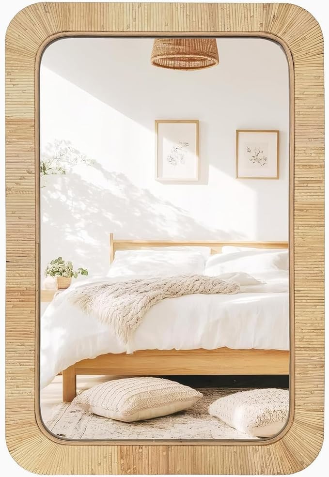 Rattan Rectangular Mirror 24x36, Boho Decorative Wall Mirror for Bathroom, Farmhouse Vanity Mirror for Nursery, Bedroom, Living Room Decor, Nursery & Children's Room