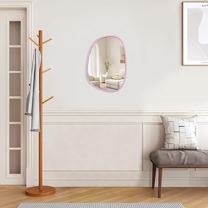 Irregular Wood Mirror with Frame Oval Asymmetrical Mirror for Wall Living Room Bedroom Bathroom Entryway Hallways Modern Unique Decorative Artistic Hanging Mirror Pink