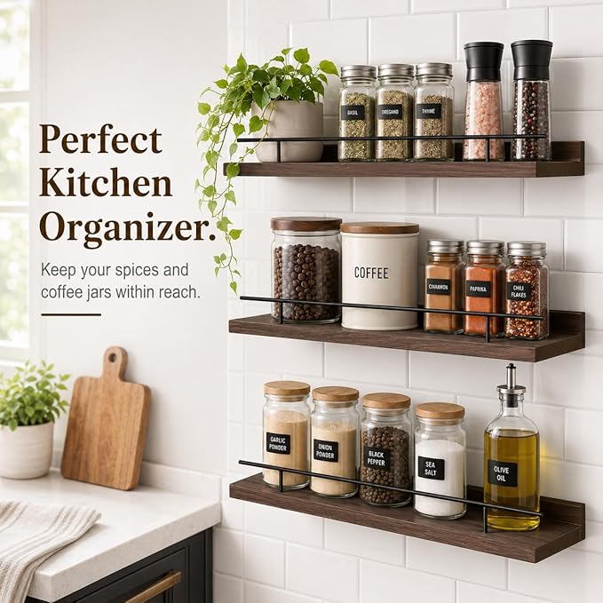 Wood Floating Shelves for Wall Set of 3, Rustic Bathroom Shelves with Guardrail, Wall Mounted Storage Shelves for Bedroom, Living Room and Kitchen