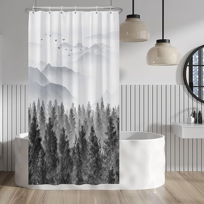 Baocicco Grey Forest Mountain Shower Curtain Watercolor Misty Forest Nature Tree Mountain Landscape Shower Curtains for Bathroom Waterproof Fabric Shower Curtain with Hooks 36x72 Inches