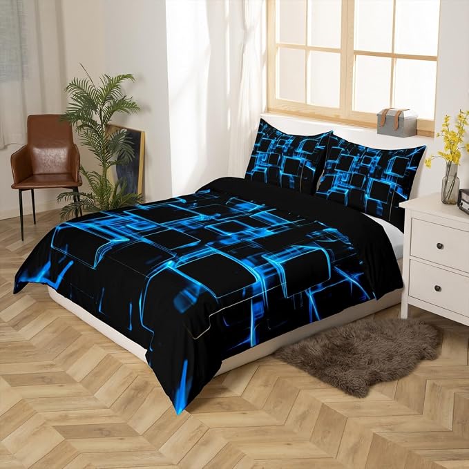 Erosebridal Blue and Black Kids Bedding Set, Modern Geometric Square Duvet Cover for Boys Girls Gradient Neon Light Honeycomb Bed Cover Abstract Bed Set Twin 2 Pieces