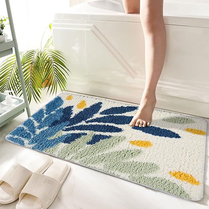 Hi Space Bathroom Rugs Mat 31.5x19.7IN Green Leaves Bath Mat for Bathroom Non Slip Machine Washable Soft Microfiber Absorbent Cute Bath Rug Plush for Tub Shower Sink Fluffy Home Decor Accessories