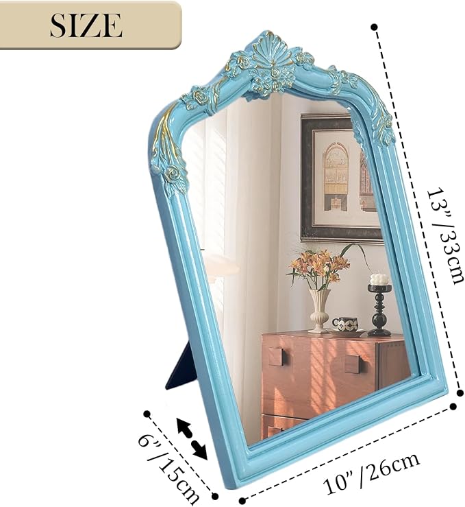 Vintage Carved Desk Mirror - 13x10 Inch Decorative Vanity Mirror for Makeup, Dorm, Bedroom & Tabletop Deco (Blue, 13" L x 10.2" W Flowers)