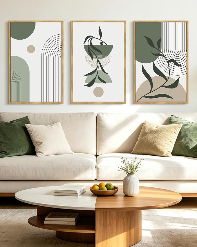 KUVIOKE Boho Wall Art Framed Botanical Modern Plants Wall Printing Green Neutral Abstract Geometric Prints Bohemain Sage Decor for Farmhouse Living Dining Room 16x24in (Natural Framed)