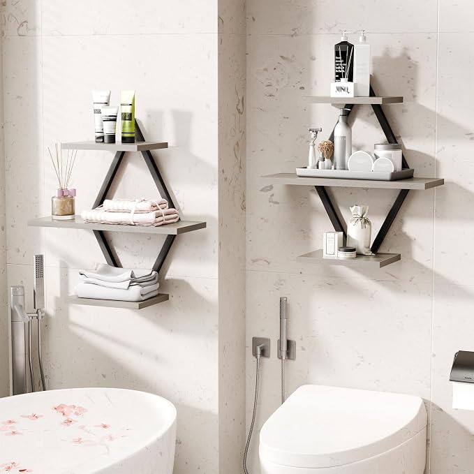 Floating Shelves, Wall Shelf Set of 2, Wall Mounted Shelves, 3-Tier Hanging Wall Shelves for Bathroom, Living Room, Bedroom, Kitchen, Office (Gray)