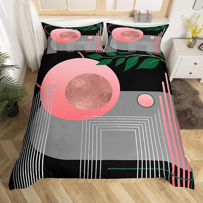 Erosebridal Boho Mid Century Queen Comforter Cover Pink and Gray Neutral Modern Duvet Cover Geometric Abstract Bed Set Minimalist Aesthetic Bedding Set