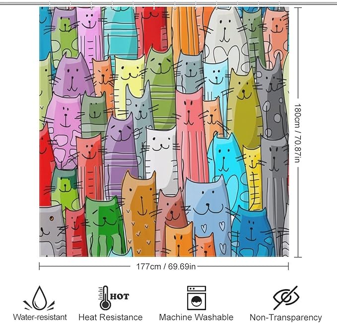 Cat Shower Curtain,Cartoon Cute Cat Pets Colorful Funny Animals Bathroom Curtain Polyester Waterproof Fabric Decor 72x72in（183x183cm）