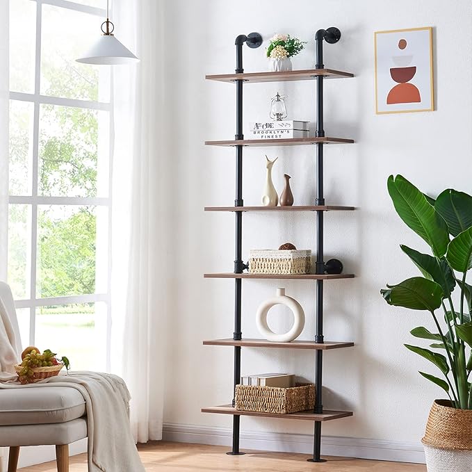 HOMBAZAAR Industrial Pipe Bookshelf,6 Tier Pipe Shelving,Wall Mounted Ladder Shelves with Metal Frame for Home Office,Living Room,Oak Brown