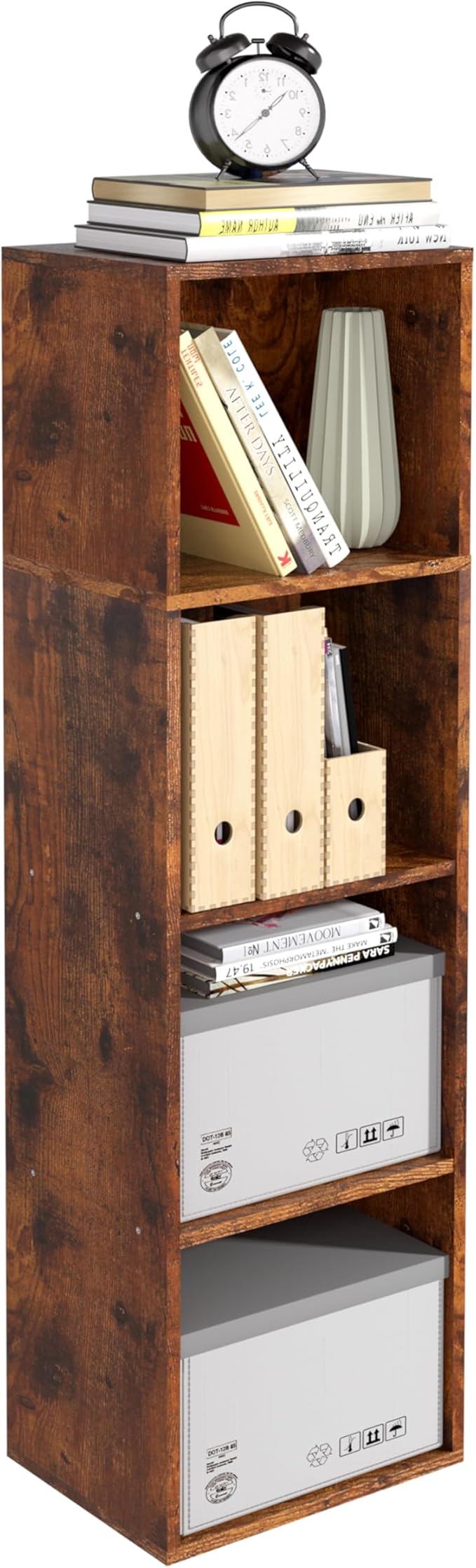 Wooden 4 Cube Storage Organizer, 4 Tier Storage Cubes Storage Display Cubby, Freestanding DIY Closet Shelving Unit for Living Room Bedroom Office(Retro Brown, 4 Cube-W(11.8inch)