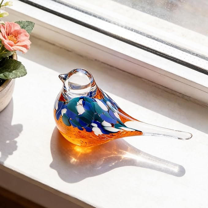 Blown Glass Birds - Glass Art Bird Decor, Hand Blown Glass Animal Figurines Paperweight for Home Shelf Decor