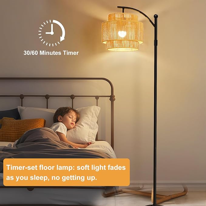 Vinaco Adjustable Height Floor Lamp Rattan 3 Color Temperature,Dimmable Tall Boho Floor Lamps with Remote & Foot Switch, Rotating Lamp Shade Wicker Arc Standing Lamp for Living Room Bedroom Lights