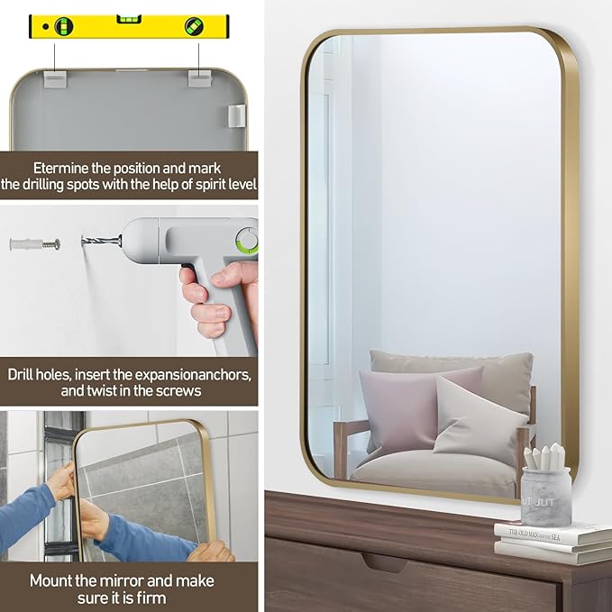 Gold Mirror, 26x38 Inch Gold Rectangle Mirror, Aluminum Alloy Framed Vanity Mirror, Rounded Rectangle Bathroom Mirror for Over Sink, Anti-Rust Wall Mirror (Horizontally or Vertically)