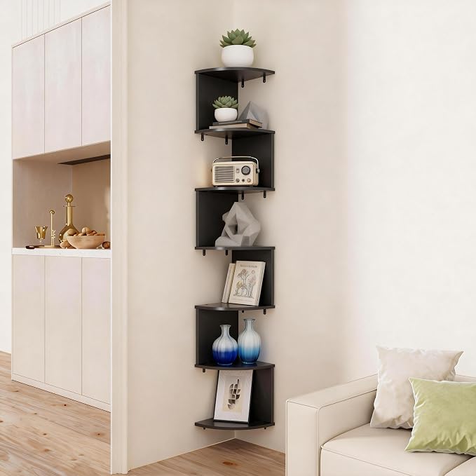 No-Drill Corner Shelf Wall Mount, 7-Tier Floating Corner Bookshelf with Hooks, Space-Saving Zigzag Plant Shelf for Bedroom, Living Room, Bathroom, Home Office（Black）