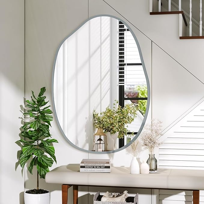 Large Irregular Wall Mirror Asymmetrical Mirror, 26"x37.5" Metal Framed Mirrors for Bathroom, Decorative Modern Wall Decor, Living Room, Entryway, Bedroom Gray