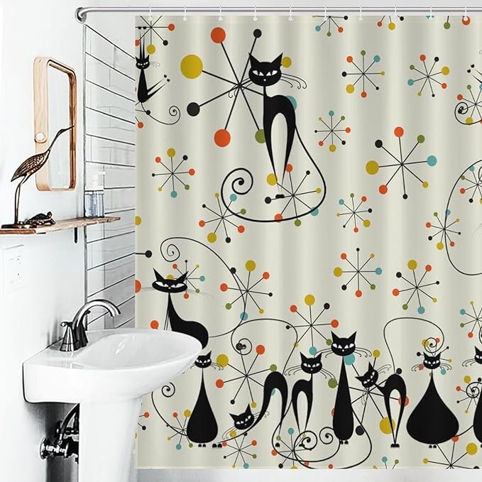 Mid Century Atomic Cat Shower Curtains, Atomic Abstract Geometric Cat Retro Pattern Waterproof Shower Curtains for Bathroom Decor 12 Pack Hooks 66x72in（168x183cm）