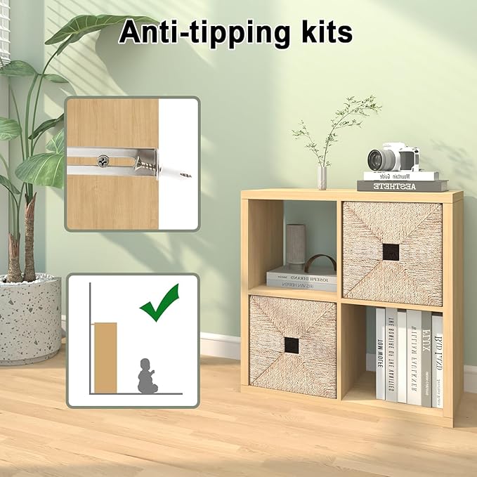 CTESNE【2026 Wooden Thick Frame 4 Cube Storage Organizer Shelf with Anti-Tipping Kits + Reversible Open Back Bookcase, Horizontal and Vertical Dual-use（Oak Color,11inch）