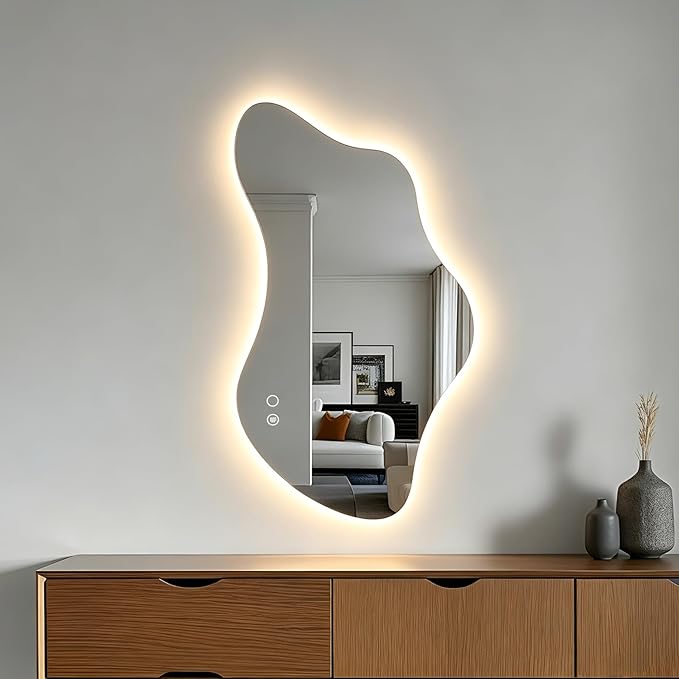 35.8in Asymmetrical Bathroom Mirror with Lights, LED Irregular Wall Mirror, Abstract Modern Lighted Vanity Mirror for Wall, Anti-Fog, Dimmable, Horizontal/Vertical