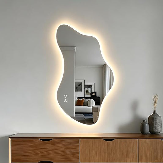 35.8in Asymmetrical Bathroom Mirror with Lights, LED Irregular Wall Mirror, Abstract Modern Lighted Vanity Mirror for Wall, Anti-Fog, Dimmable, Horizontal/Vertical