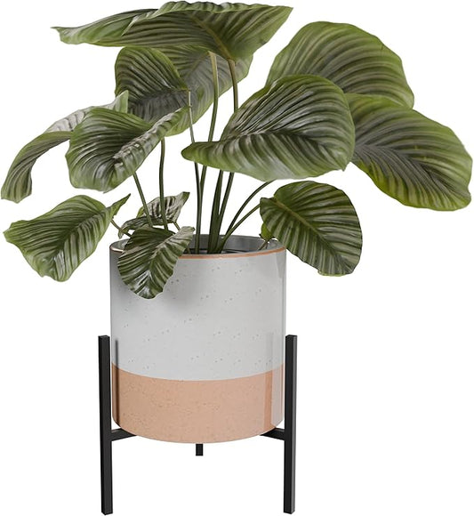 23 Bees Mid-Century Modern Ceramic Planter with Plant Stand Indoor Decorative Plant Pot with Stand in Earthy Beige and White Glaze, Black Metal Stand (Large 16 inch plant pot, Three sizes) (Small)