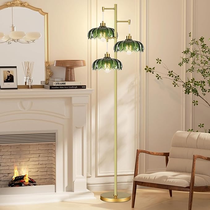 Glass Floor Lamp for Living Room,Bedroom,Gold Mid Century Modern Standing Lamp Brass Tree 3 Light Tall Floor Lamps Vintage Retro Floor Lights Green Flower Lamp Shade Farmhouse Boho Bohemian