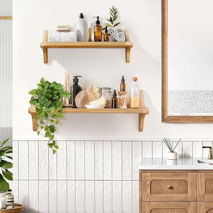 Wooden Floating Shelves for Wall, 15.7" W x 5" D x 0.6" H Large Wall Shelves, Hanging Storage Shelf with Sturdy Brackets for Living Room, Kitchen, Bathroom, Bedroom Decor, Natural, 3 Packs